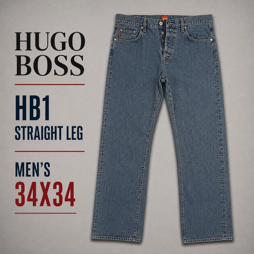 Hugo Boss HB1 Mens 34x34 Straight Leg Blue Denim Jeans Button Fly Orange Label - Picture 1 of 15